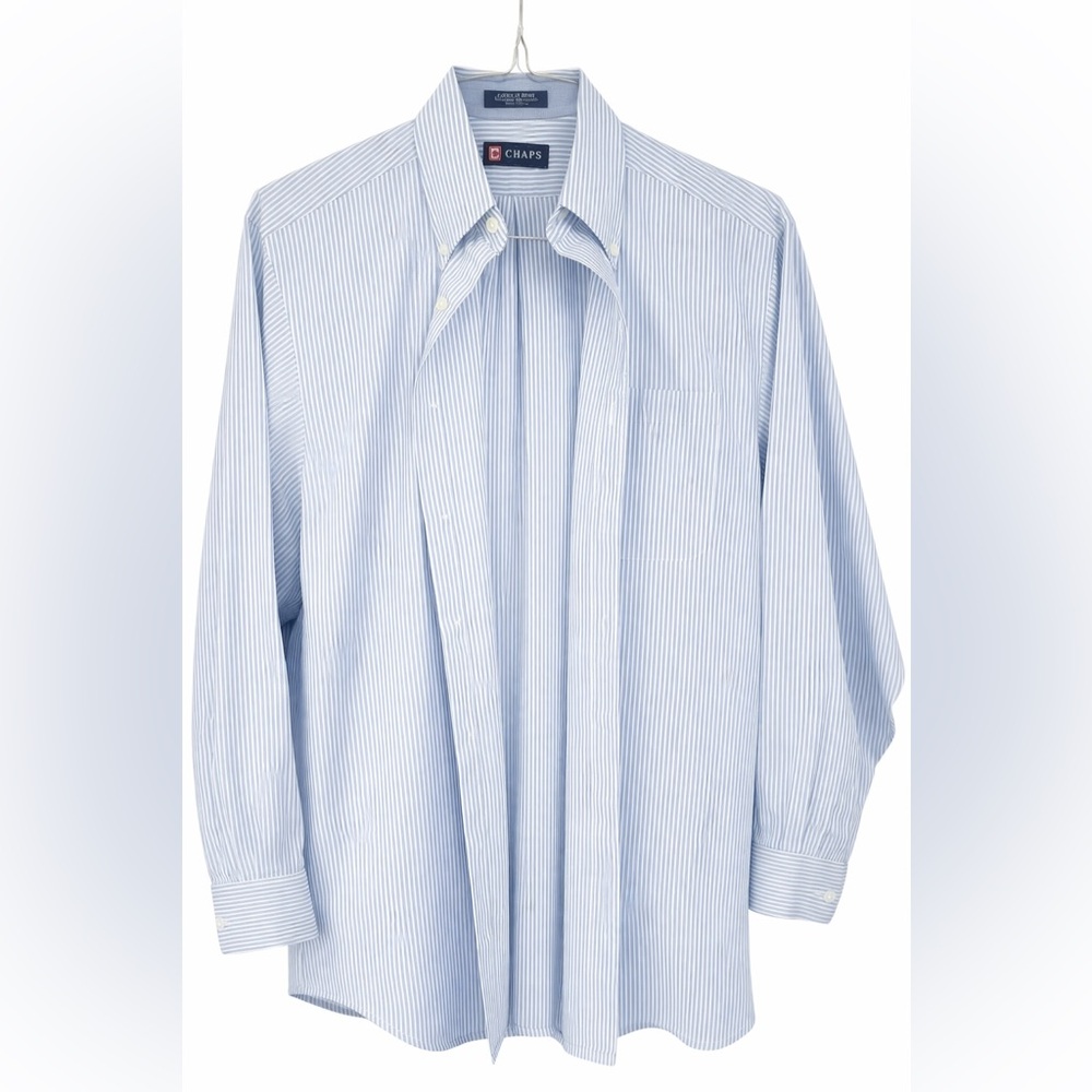 Chaps Blue White Button Down Dress Shirt- Large 32/33 Long Sleeve Wrinkle Free